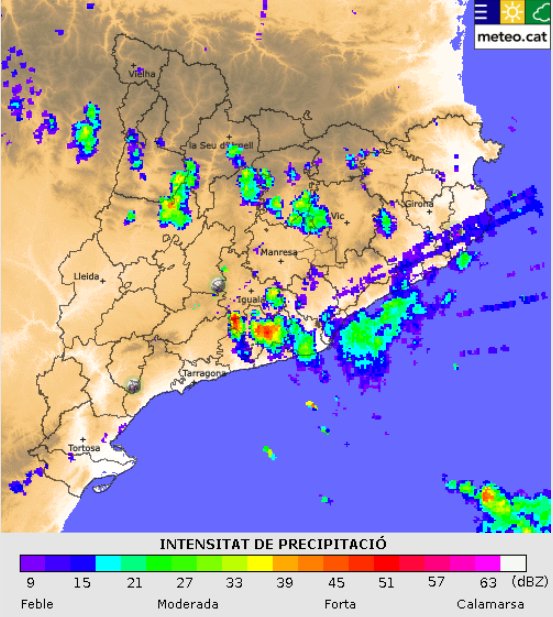 peremeteo's tweet image. Continua el moviment meteorològic. Forta tempesta, acompanyada de calamarsa baixant des de la comarca veïna de l'Alt #Penedès, veurem si acaba arribant al Baix #Penedès. També hi ha un nucli intens en formació al #Montmell. Imatge del radar actual: