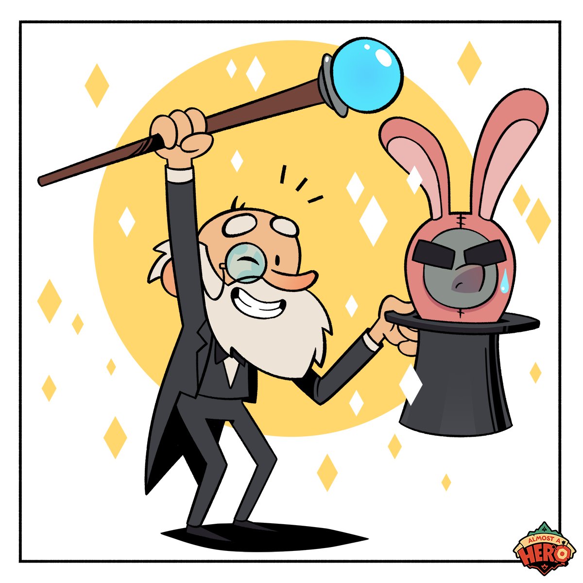 almostaherogame's tweet photo. Being a failure at real magic, Wendle tried parlour tricks and friends helped out. Uno made a great magician’s rabbit, and Hilt is still ‘vanished.’ #almostfancy #indiegame #rpg #idlegame https://t.co/qxQBU6QuKQ