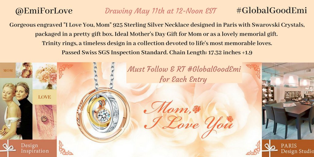 Hi friends #mothersday2018 #Giveaway
Chance to #Win a gorgeous engraved "I Love You Mom" 925 Sterling Silver Necklace designed in Paris w/Swarovski Crystals &amp; would be a lovely memorial gift too🎁
May 11
12PM EST
Follow/RT #GlobalGoodEmi for each chance
youtu.be/vMUr_Gx6saw