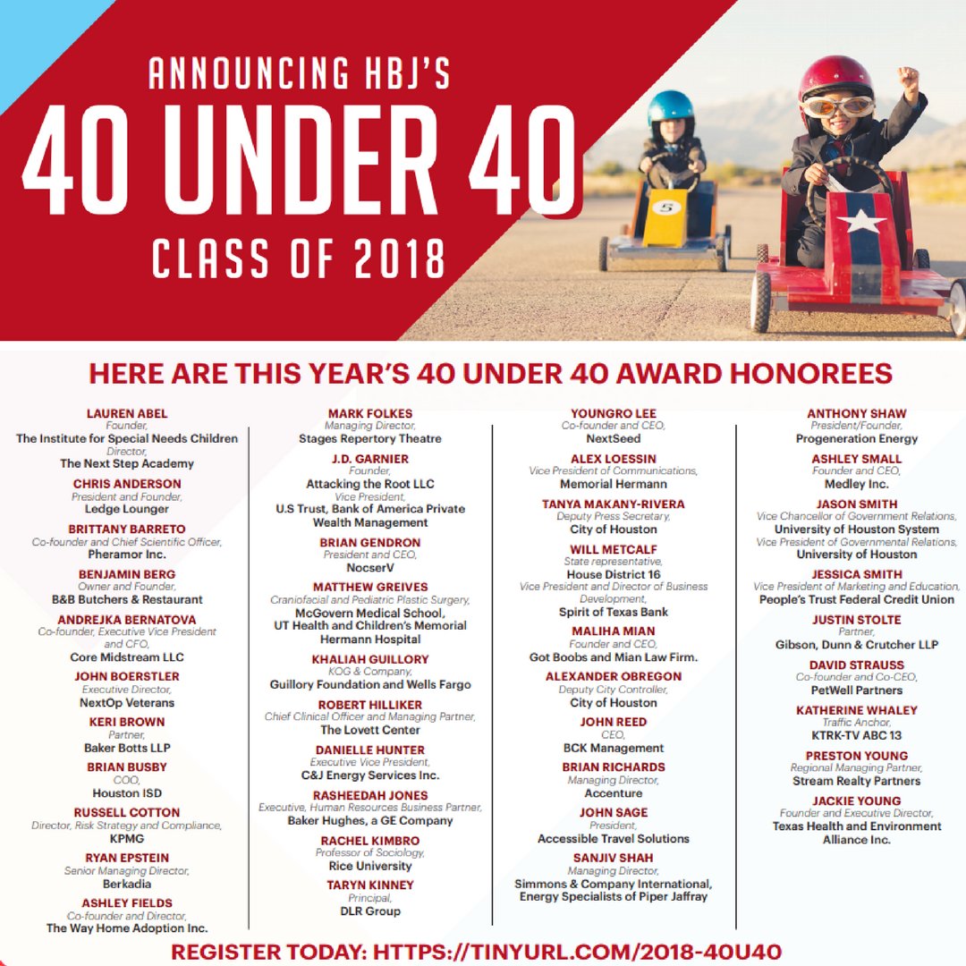 HOUBizJournal's tweet photo. Come celebrate as we honor 40 individuals under the age of 40 who have proven themselves to be key industry leaders within their companies and in the community. The quick awards program is a great chance to network and enjoy Texas' oldest craft brewery. https://t.co/oAENfpMsGz https://t.co/mlZrsgHqx8
