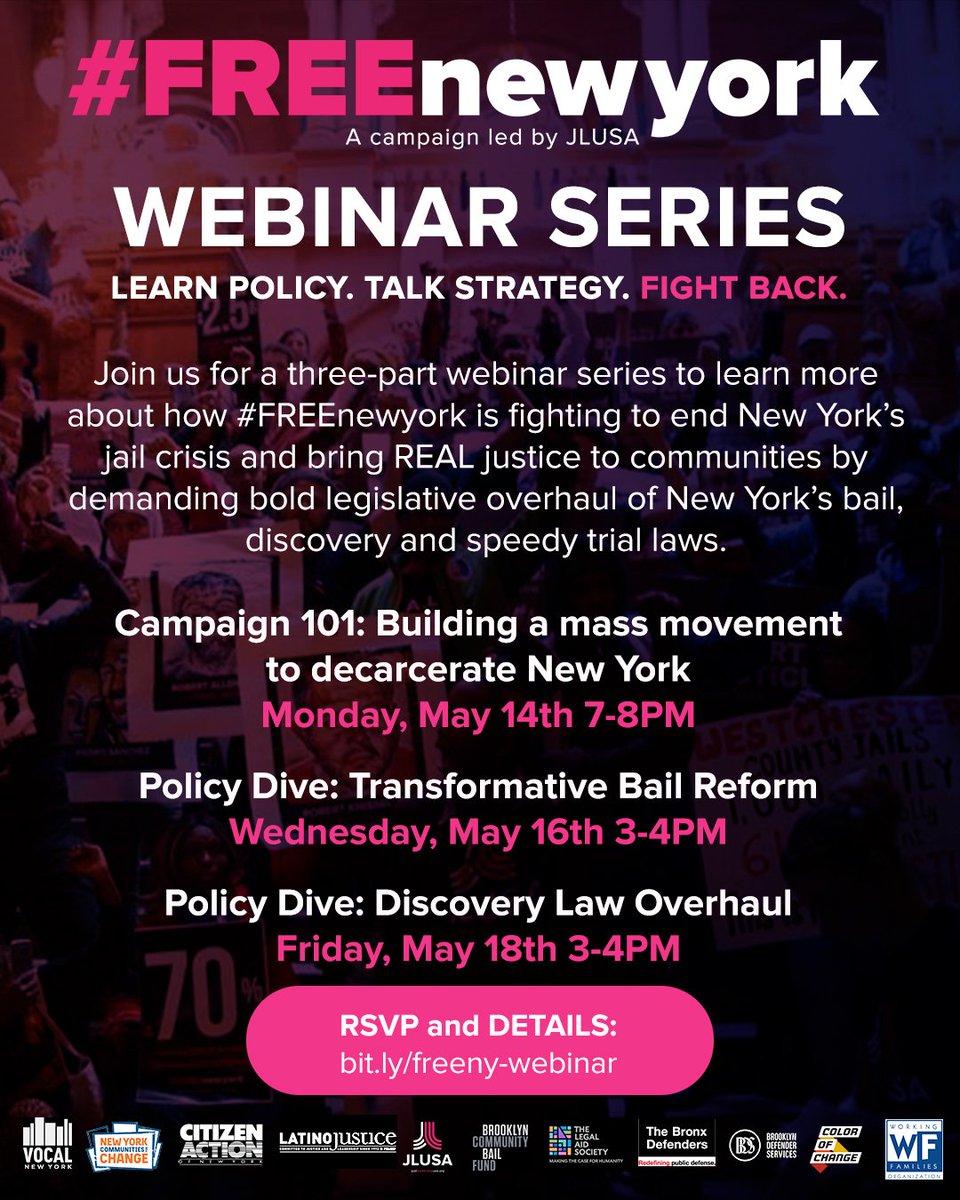JustLeadersUSA's tweet photo. The week of May 14th #FREEnewyork will be hosting a 3-part webinar series about how the campaign is fighting to end New York's jail crisis and bring REAL justice to communities by demanding BOLD legislative overhaul.
Register and JOIN US! https://t.co/UzGzdxEWOn https://t.co/DOZ9jr6eAq