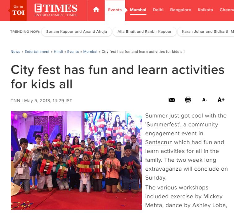 summerfest54's tweet image. You know #SantacruzSummerfest was a big success when leading news channels spoke about it for several days! Here’s a couple of our mentions. #RadiusDevelopers #Avenue54 #SantacruzFest #SummerFest #Summer #LiveLaughLearn @radiusdeveloper @timesofindia @bombaytimes @MumbaiMirror