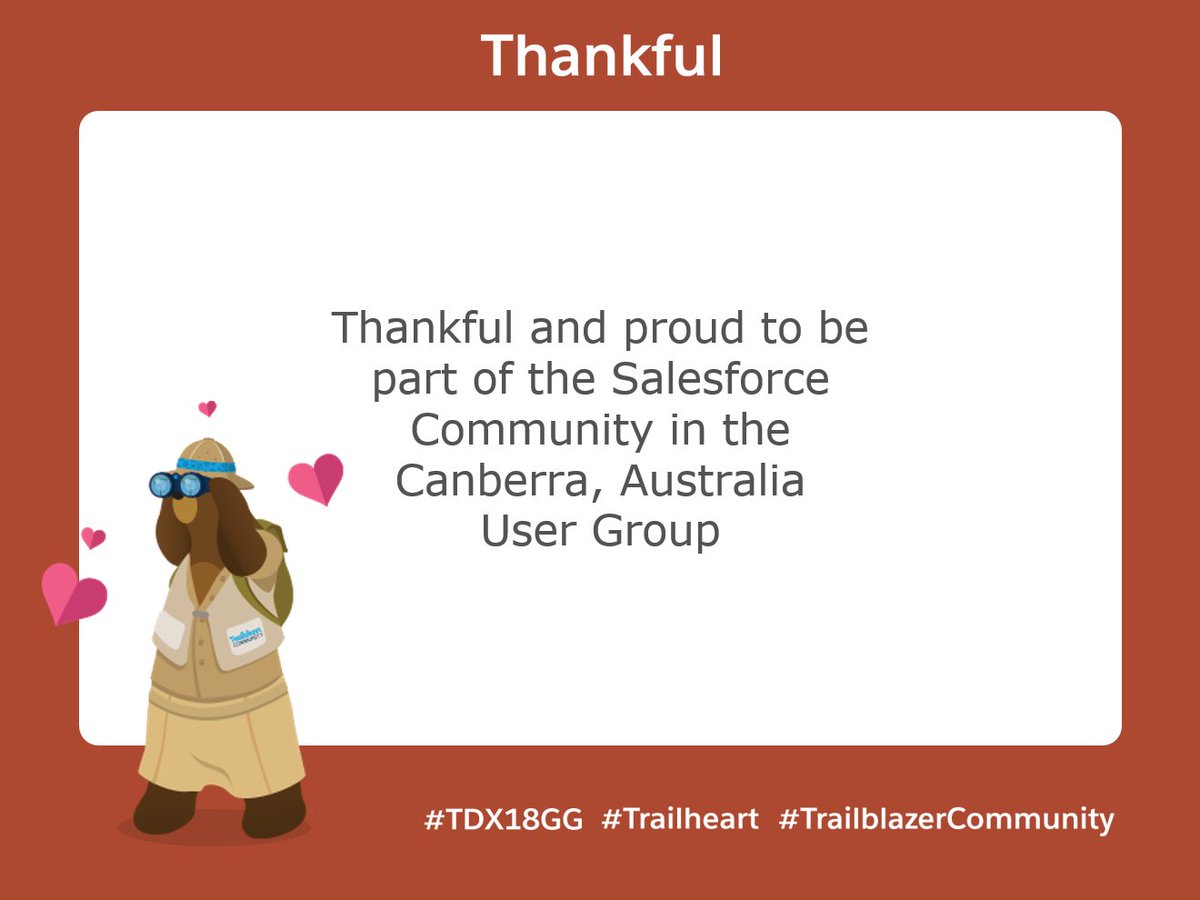 Looking forward to Canberra's TrailheaDX '18 Global Gathering Tuesday 15th May. #TDX18GG #Trailheart #TrailblazerCommunity #CanberraSFUserGroup Event details: goo.gl/PzcPkz