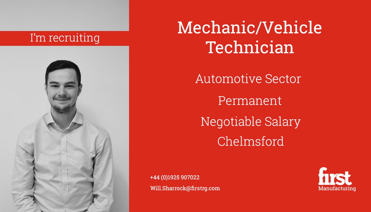 Manufacture_1st's tweet photo. Will Sharrock is searching for a Mechanic/Vehicle Technician based in Chelmsford to join our clients team within the Automotive sector. Take a look at all the details and apply today! https://t.co/A3HAWyx9T0 #Chelmsford #Jobs #Automotive #Mechanics #Technicians https://t.co/LKVPIO5SpE