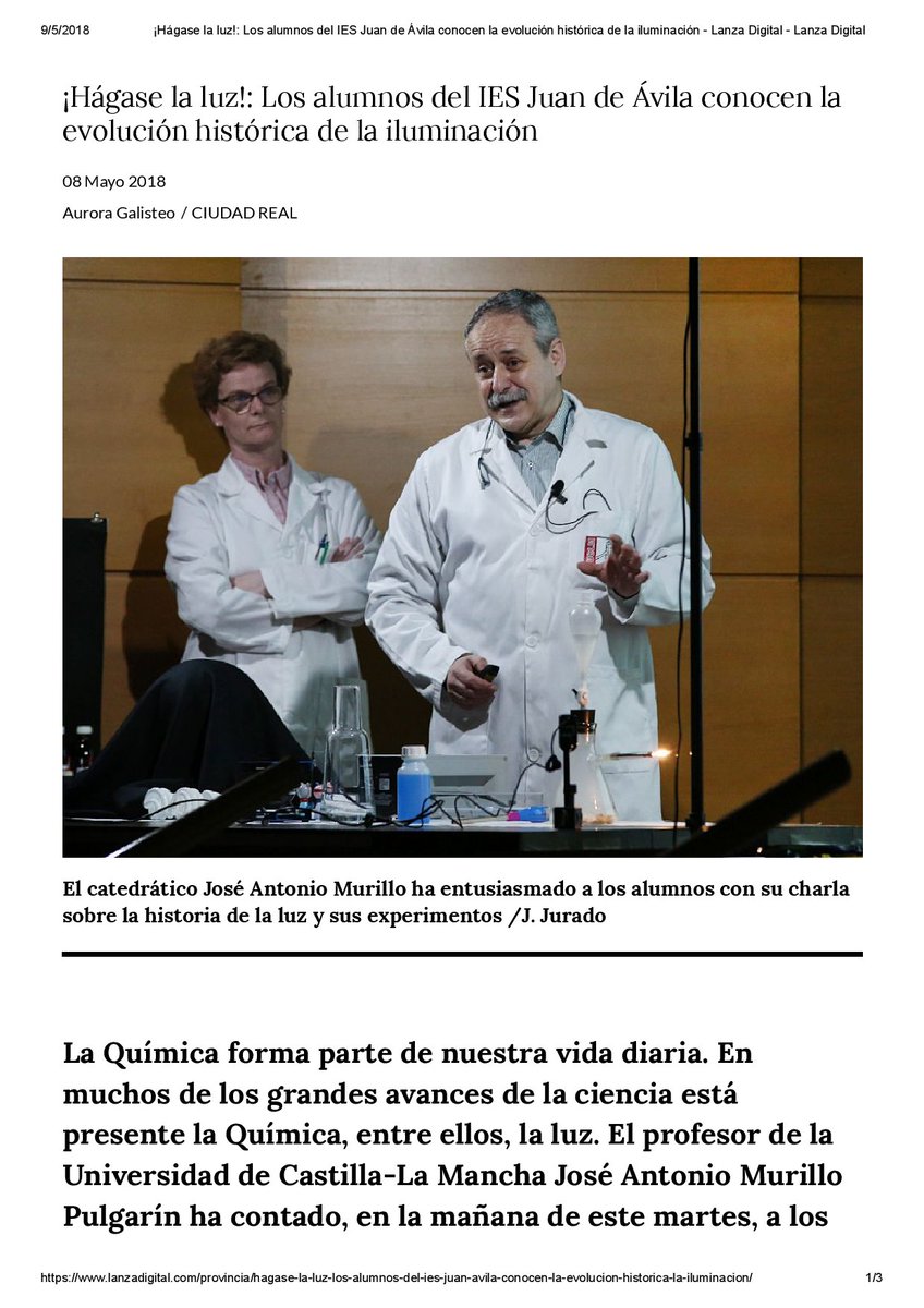 El diario Lanza Digital (<a href="/Lanzadigital/">Lanzadigital</a>) de Ciudad Real recoge la información sobre nuestra conferencia de ayer en el IES Maestro Juan de Ávila, "Hágase la luz!