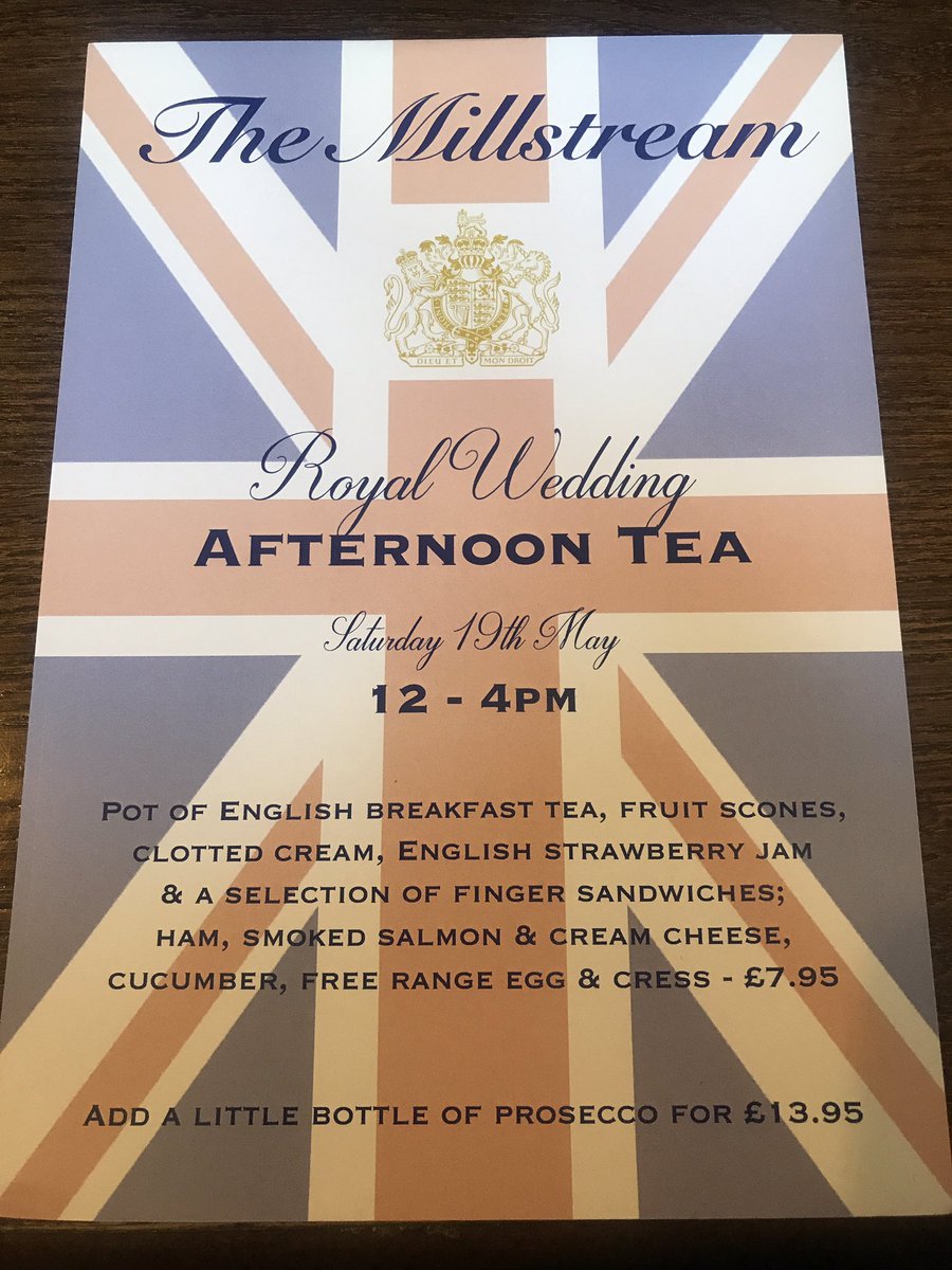 The_millstream's tweet photo. Join us next Saturday the 19th of may for the royal wedding serving afternoon tea 12-4 bookings advised @The_millstream https://t.co/0MPCv8JBGH
