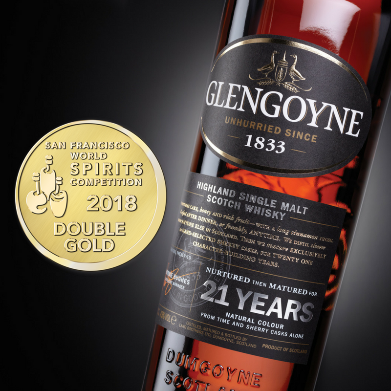 Glengoyne's tweet photo. We are thrilled to have picked up Double Gold for our delectable 21-Year-Old at this year's @SFWSpiritsComp. There's no guessing which celebratory dram we'll be enjoying tonight. #Glengoyne21YO #SFWSC2018 😋🥃 https://t.co/VCHimpRCTf