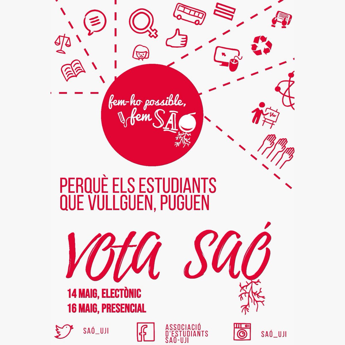 Mensaje electoral #UJIVota. «Desde <a href="/SAO_UJI/">SAÓ UJI</a> nos presentamos para los estudiantes que quieran actuar, aprender y crecer en la universidad, puedan hacerlo. En nuestras redes sociales encontrarás nuestras propuestas: TÚ TIENES LA FUERZA #FemSAÓ #aSAÓnat».