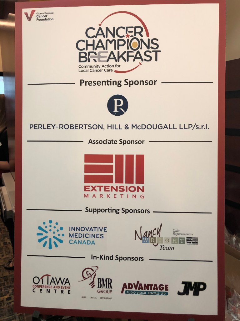 OttawaCancer's tweet photo. Thank you to Perley-Robertson, Hill &amp; McDougall LLP for presenting this morning’s Cancer Champions Breakfast. Because of you, 100% of the funds raised today will go directly towards investing in local clinical trials and helping families through Cancer Coaching. #CancerChampions https://t.co/ypKjjYeDI9