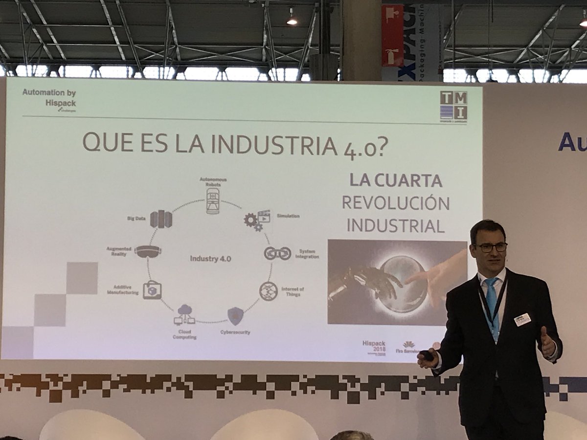 ROKAutomationES's tweet photo. ✔️Joan Caba de TMI introduce la cuarta revolución industrial aplicada en las máquinas para una producción inteligente en #HispackChallenges en #Hispack18 @Hispackbcn https://t.co/pKLmp0du1g