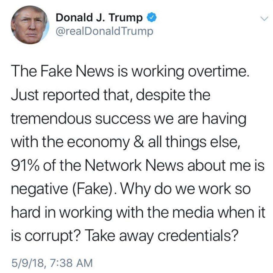 laurenduca's tweet photo. The president just called all negative coverage fake, and is apparently threatening to revoke credentials unless the press starts writing fan fiction. I always thought of authoritarianism as a slick and stealthy evil, but our democracy appears to be going down via temper tantrum. https://t.co/ZDCx4zdBqA