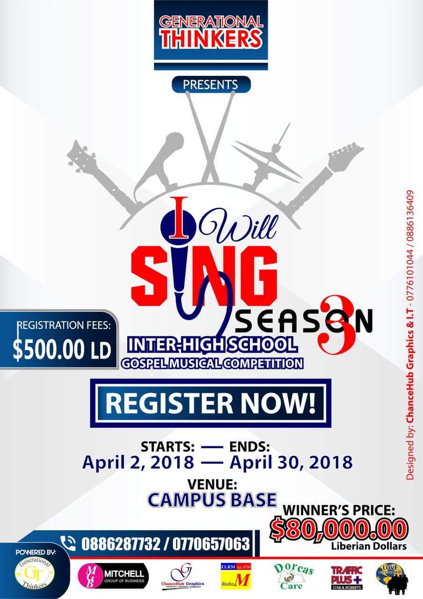 Watch out for Project "I Will Sing" Season III first audition this Friday, May 11, 2018 at the Love Center Ministries, Old Road at 4:00pm.. Catch us on the flap side of the Liberian time... #bbc news... Join us if you can't...