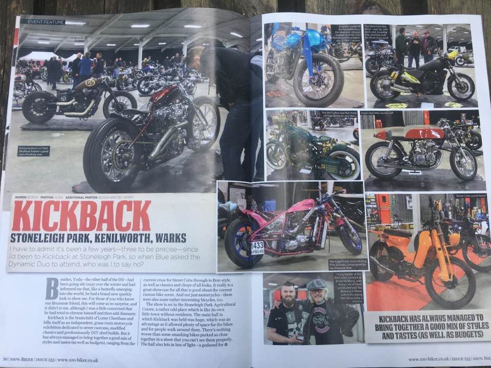 KICKBACKSHOWS's tweet image. Great coverage of KICKBACK in this month's 100% Biker. Is your bike featured? @HandbuiltShow @FTWCO @100BikerMag @BlackTopMediaUK @Showmaster_Neil @BritainBiking @bijoulatina @ClassicBikesUK @deuscustoms @FastecRacing please retweet info on our next show @ TheCustomShow.com