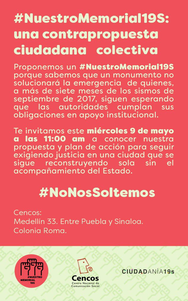 Hoy presentamos al público y medios nuestra postura ante la iniciativa del <a href="/GobCDMX/">Gobierno de la Ciudad de México</a> de crear un memorial en el predio de Álvaro Obregón 286. Queremos justicia, no monumentos. Acompáñanos. #NoNosVamosASoltar