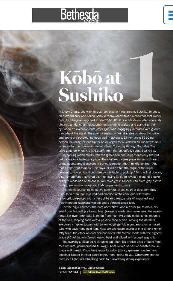 We're thrilled that Bethesda Magazine named us #1 among the Best New Restaurants in the area! Special thanks to @DCHagedorn for including us in this prodigious accolade.  #gratitude