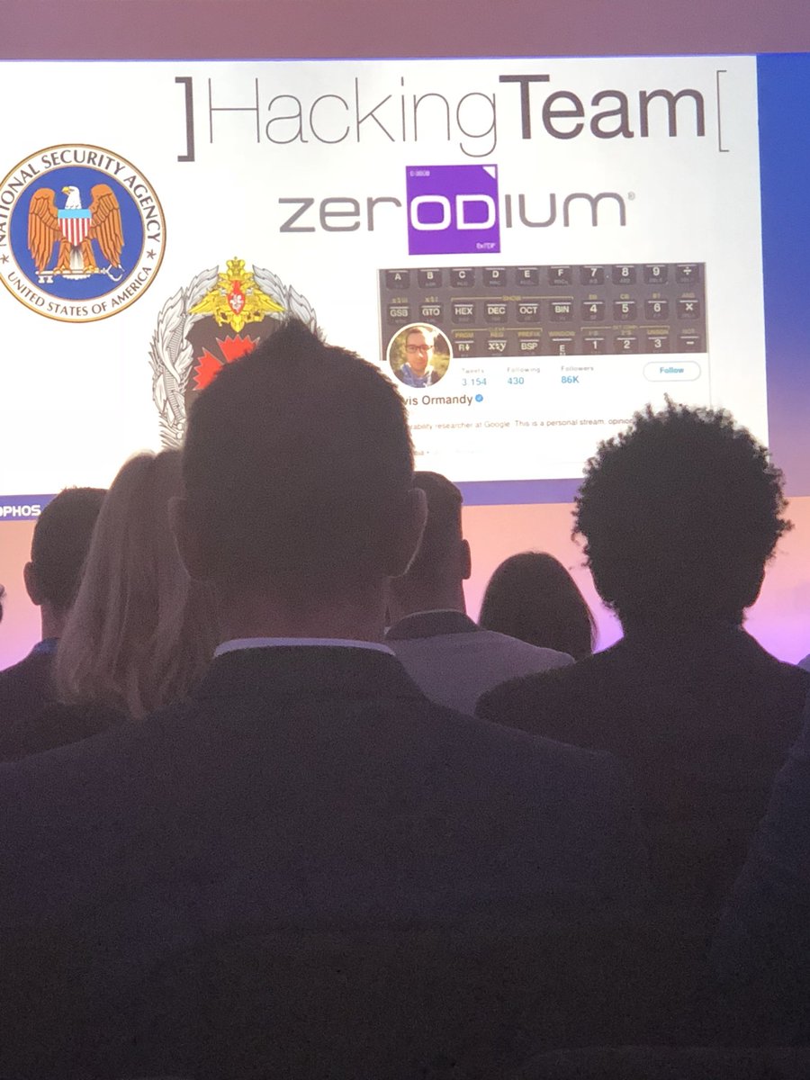 Interesting mention for <a href="/taviso/">Tavis Ormandy</a> at Sophos event discussing exploits. Quite a list of company on the slide...