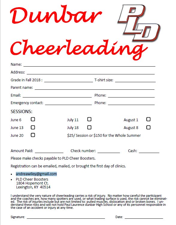 DUNBAR CHEERLEADER'S YOUTH CLINIC INFORMATION FOR SUMMER 2018!!! Email Andrea Wiley at andreawiley@gmail.com for an application or stop by Dunbar's Guidance Office to pick up an application.