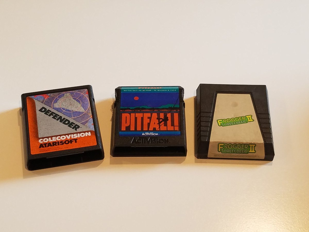 MightyQDawg's tweet photo. #RetroGames third party cartridge styles for #ColecoVision
#AtariSoft #Defender
#Activision #Pitfall!
#ParkerBrothers #Frogger2 https://t.co/rPwNK3DUbf