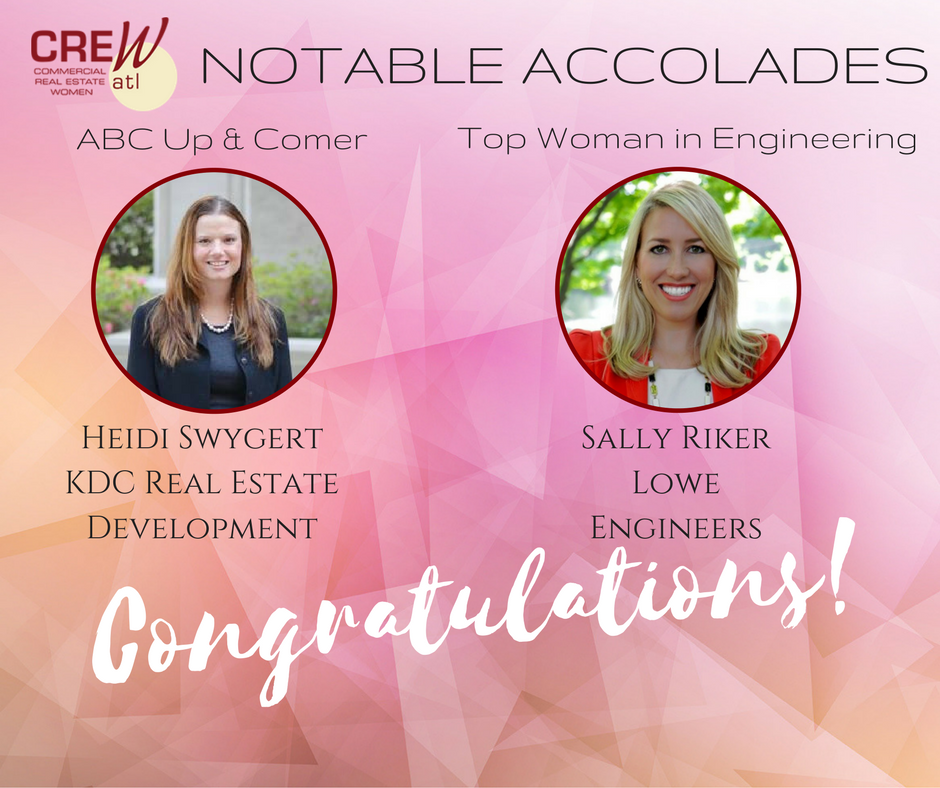 crewatlanta's tweet photo. CREW Atlanta Notable Accolades: Heidi Swygert of KDC Real Estate Development was selected as a 2018 Atlanta Business Chronicle Up &amp; Comer. Sally Riker of Lowe Engineers was honored as a 2018 Top Woman in Engineering. Congrats ladies! #cre  #crewatl https://t.co/qDs86ez4QW