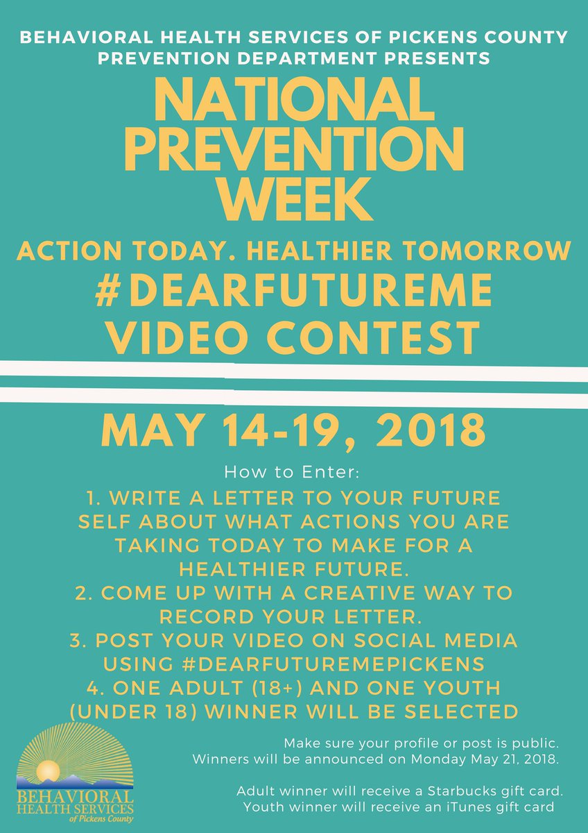 Our host agency is sponsoring this contest for <a href="/samhsagov/">SAMHSA</a>'s #NPW2018
Check out the details on the flyer! What would you say to your future self about the choices your making today for a healthier tomorrow? Let us know with a video! #DearFutureMe #DearFutureMePickens