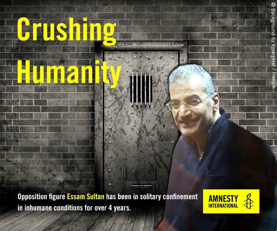 AmnestyMENA's tweet photo. Authorities in #Egypt are using prolonged solitary confinement as a cruel punishment against members of the opposition, including Essam Sultan, who has been in a solitary cell for over 4 years. https://t.co/9TZ8wVmtcy https://t.co/k4OqOurf3Y