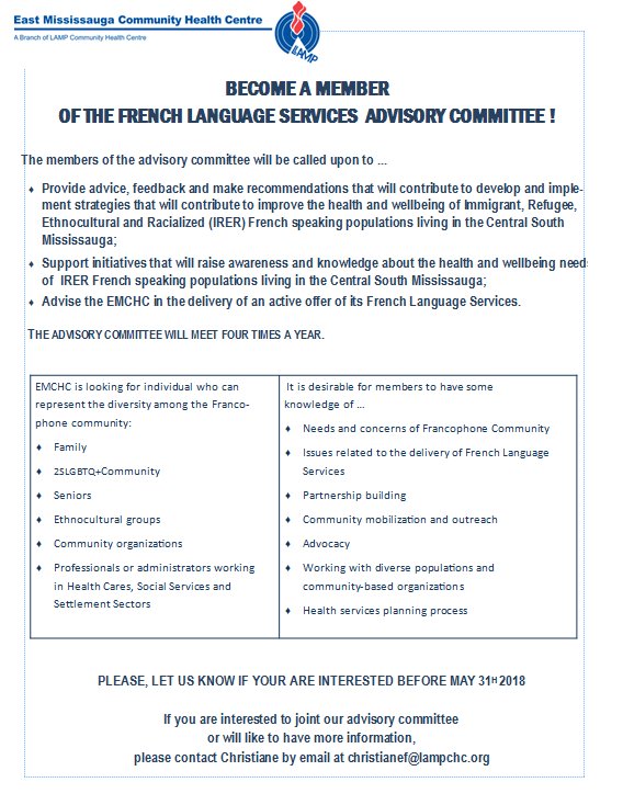 FrenchHealth's tweet photo. Seeking for French-speaking citizens to sit on the Advisory Committee on French Language Services in the Central and South region of Mississauga. @refletsalveo #healthworforce https://t.co/OL7fS5aENq