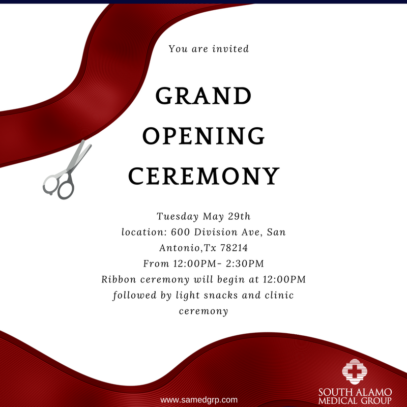 our new Division Clinic will be opening its doors Tuesday May 29th
we'd like to invite you to be part of the celebration of this important milestone.
#newclinic #southalamomedicalgroup #GrandOpening #downtownSA #SanAntonio #division