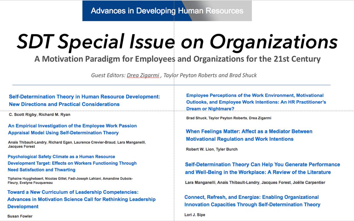 FREE access to #SelfDeterminationTheory Special Issue on #WorkplaceMotivation &amp; #EmployeeEngagement
Insights from leading experts in #SDTResearch on how to build the best work environment  
journals.sagepub.com/toc/adha/20/2