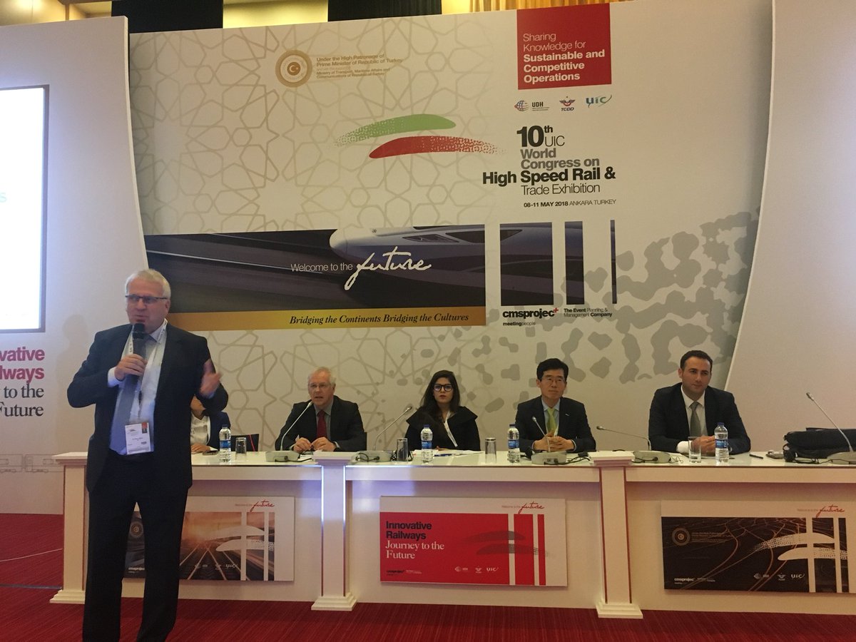 uic's tweet photo. [#rail Event] @mguigonUIC, Director of #UICrail Passenger Dpt is moderating the session on #station construction &amp; Management &amp; Connections #HIGHSPEED18 https://t.co/IZT6mxL7oF