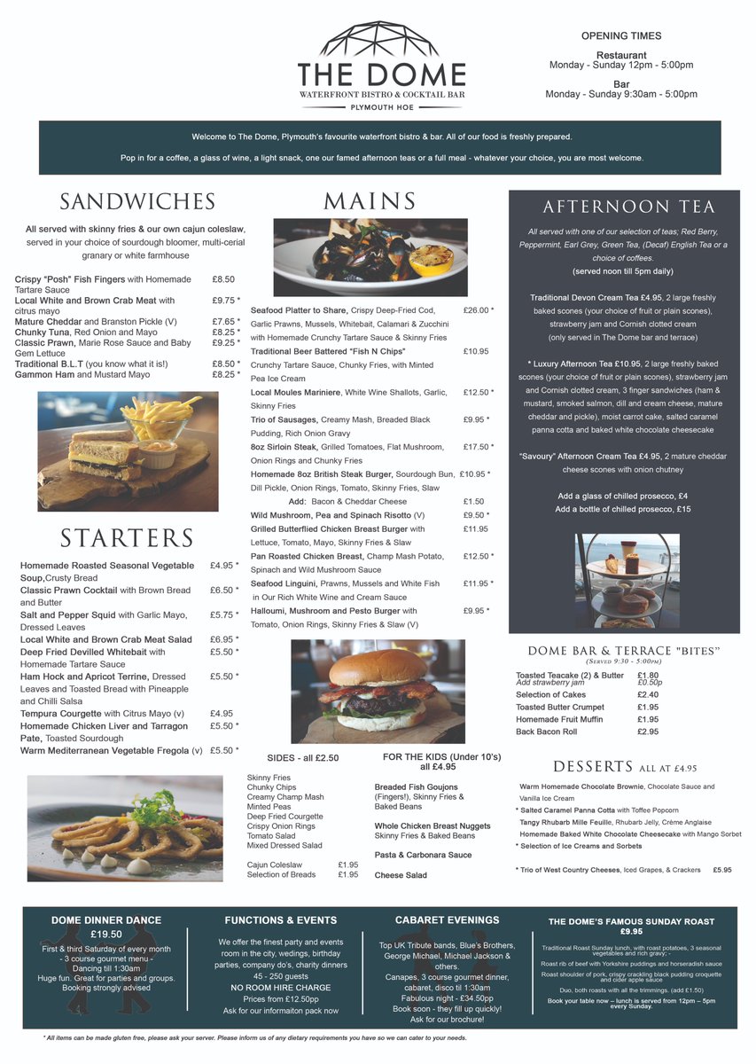 Today at The Dome we are launching our brand new A la Carte menu featuring some lunchtime and dinner classics and even a few new recipes!! Be sure to come in and try it for yourself 😋🍽️ #food #plymouth #waterfront