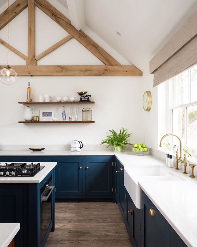 JimLawrenceMade's tweet photo. We've got our eye on Thomas May Bespoke joiners. Look at this immaculate kitchen they have created using our lighting. Blue, white, beams and brass... our favourite combination. What's yours? https://t.co/TDoWWLUZIe