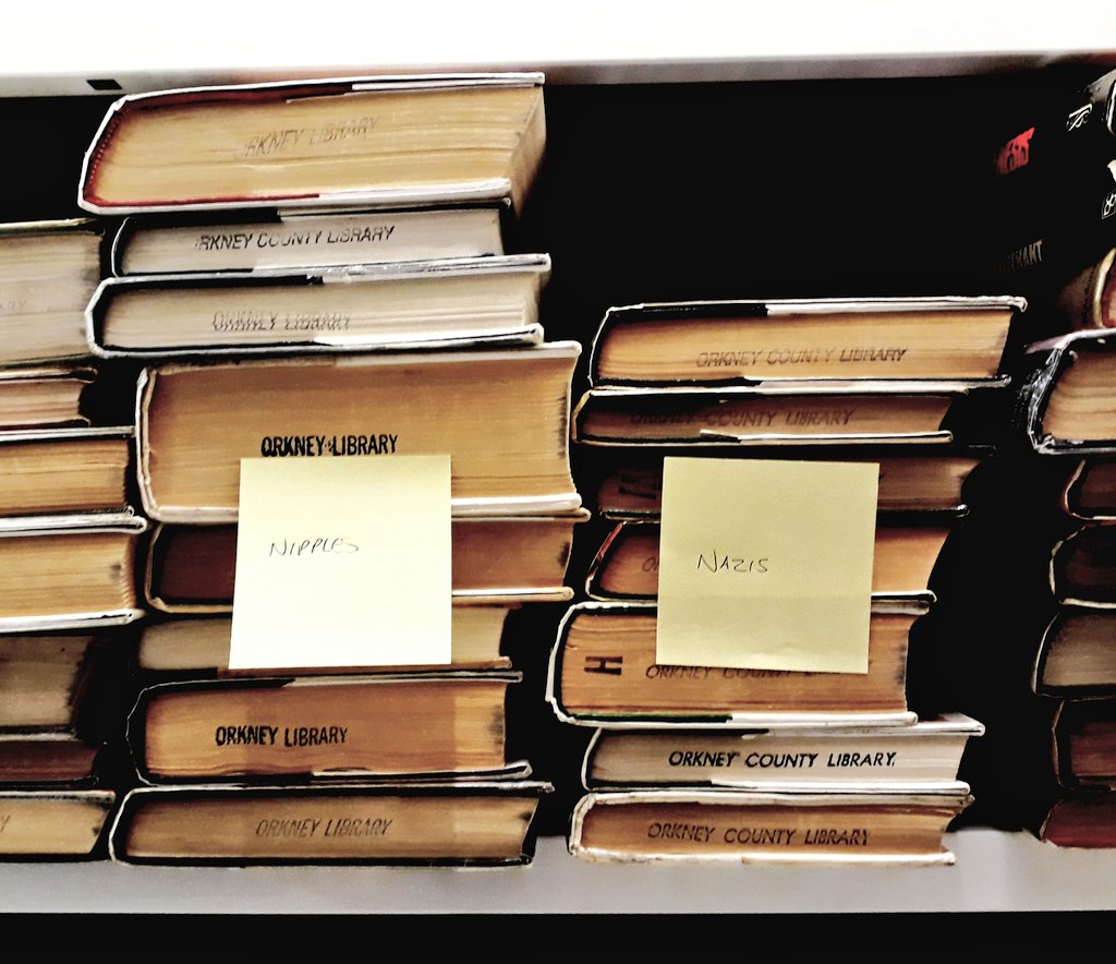 OrkneyLibrary's tweet photo. Turns out that not ALL our old stock is suitable for the book sale trolley.

I've been withdrawing thriller novels from the 70s and 80s and sorting them into piles based on their cover artwork.

So far there are only two categories. https://t.co/mFxMQcC6Ge