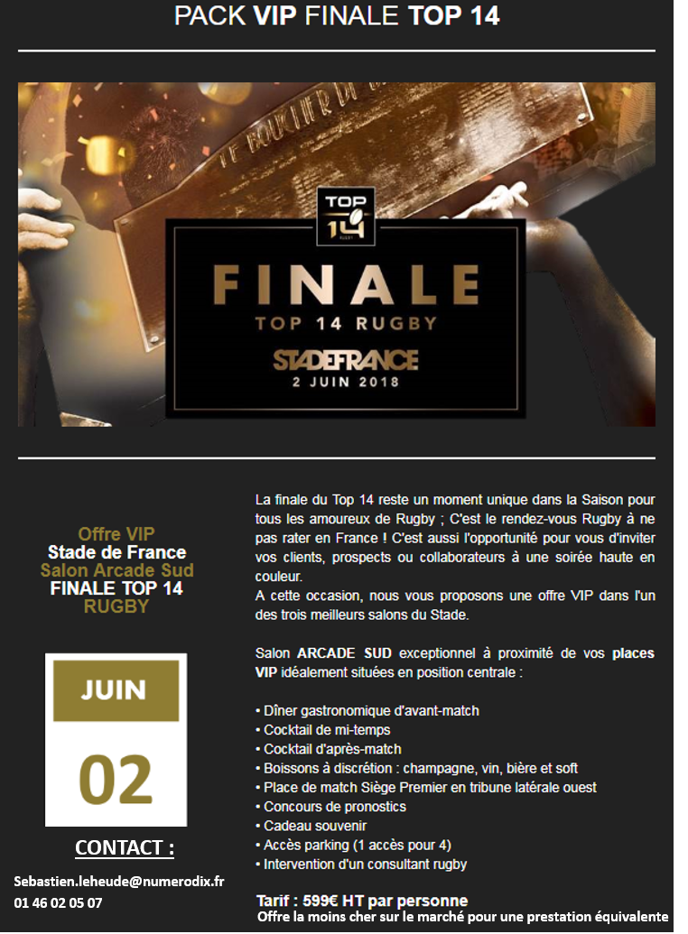 Numerodixevents's tweet photo. Evénement Rugby de fin de saison mettant à l'honneur les meilleures équipes de France : grand, beau, haletant! Voilà ce qui vous attend durant la finale du @top14rugby. Ci-joint la prestation entière et VIP autour de ce match &amp; contacts.
#Rugby #TOP14 #StadedeFrance #hospitality https://t.co/irglgfCZW0