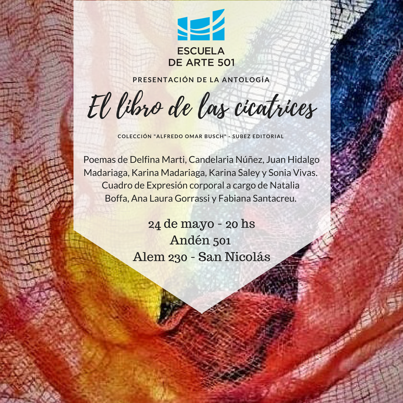 Escarte501's tweet photo. Subez Editorial invita a la presentación de la antología “El libro de las Cicatrices”. Dicho evento, de entrada libre y gratuita, tendrá lugar el 24 de mayo a las 20 hs en ANDEN 501, Escuela de Arte 501, Alem 230. “El libro de las Cicatrices”. https://t.co/gRsi2qO6OR