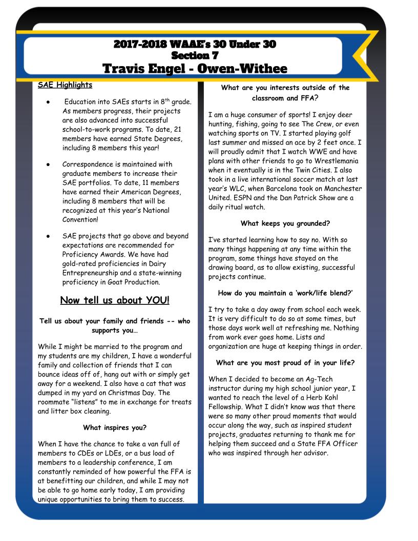 As we continue celebrating National Teacher Appreciation Week, let's celebrate another 30 Under 30 individual - Travis Engel, Owen-Withee. He's done an amazing job revitalizing the program! #WAAEBeyondtheClassroom