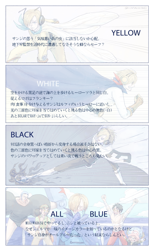 わなわな בטוויטר サンジの変身if各色妄想 分かりにくいですが全て別軸です それぞれ左から右に読んでください 1 レイジュと同系統でニジより速く 蜂の巣に しそうなイエロー 2 海の戦士ソラと同色のホワイト 3 黒足みを残しつつ黒い炎で戦うブラック 4 一味イメージ