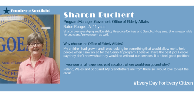 LA_SCS's tweet photo. Today we spotlight Sharon with the Governor's Office of Elderly Affairs! Retiring this year, Sharon has loved her job with a passion for the senior community. Thank you for your service! #SERW2018 #EveryDayForEveryCitizen #lagov https://t.co/j8TM1m2vuq