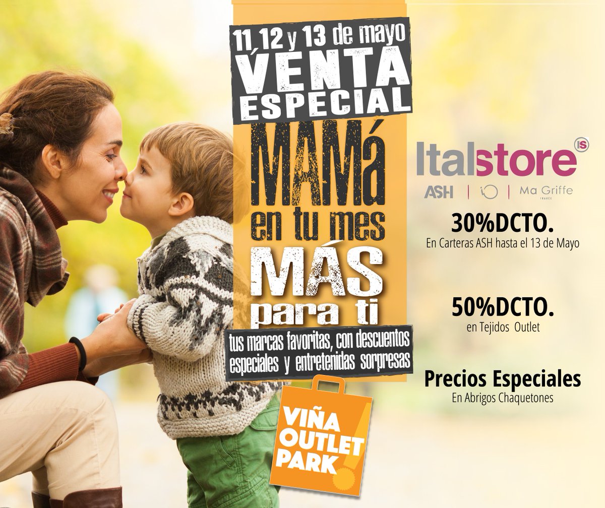 outlet_park's tweet photo. Aprovecha estos tremendos descuentos en nuestra Venta Especial Día de la Mamá!! Sólo hasta este domingo 13 de Mayo en el Outlet más grande de la V región! #DíadelaMamá #Outlet #Regalo #ViñadelMar https://t.co/Y8pS9cQJea