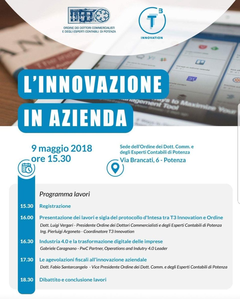 T3_Basilicata's tweet photo. Oggi, con l'Ordine dei Commercialisti di #Potenza per la firma del protocollo d'intesa e affrontare il tema dell'#innovazione in azienda. #t3innovation #industria40 @regbasilicata @GiuntaBas @marcepittella @rocifa1163 @LeleCaragnano https://t.co/VTsvfP33FP