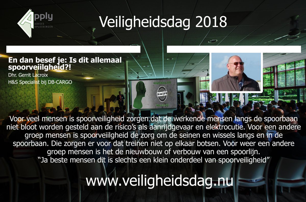 Apply_Groep's tweet photo. Spoorveiligheid is diverser dan je denkt. Veel mensen beseffen niet hoeveel gevaren en risico’s onder spoorveiligheid vallen. Gerrit Lacroix vertelt u hier woensdag 30 mei meer over tijdens zijn parallelsessie. Komt u ook?

Kijk voor meer informatie op https://t.co/FjIE6ha5s4 https://t.co/riETvl5tSB