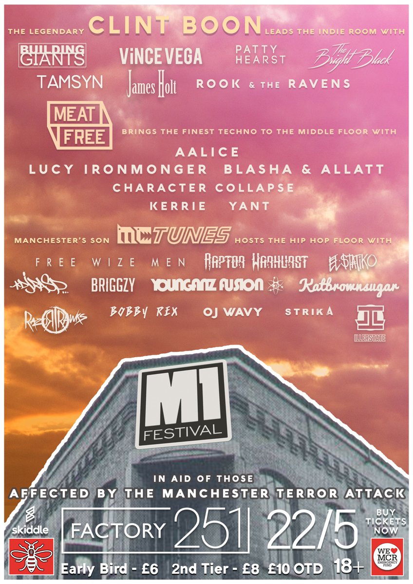 M1_Festival's tweet photo. Earlybird tickets are now sold out!!!!

Don't miss out and get tickets for £8 - com/whats-on/Manchester/FAC-251-The-Factory/M1-Festival/13166186/

@FAC251 
@WeLoveMCRfund 

#Manchester
#Festival https://t.co/OOiCSk6vwL
