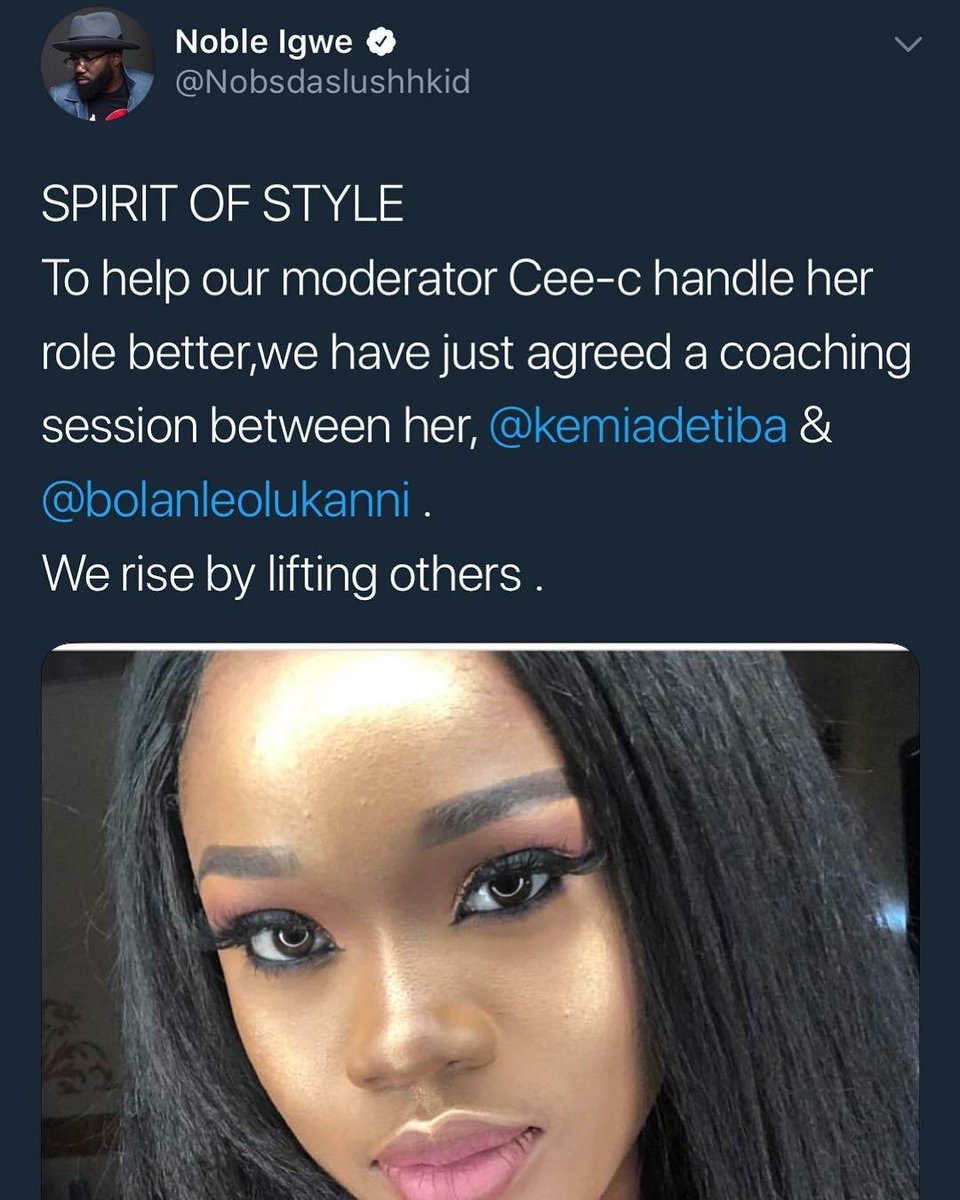 gossipboyz11's tweet photo. CeeC to receive coaching from @kemiadetiba and @bolanleolukanni to prepare her as a moderator for @Nobsdaslushhkid's #SpiritOfStyle show. ๐๐
- #bbnaija #bbnaijafans https://t.co/LtJHdtp5wU