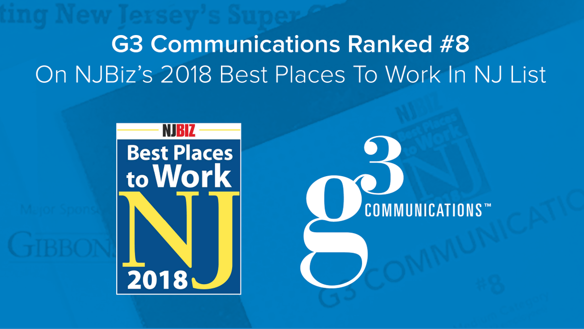 G3_Com's tweet photo. We've been ranked the 8th best medium-sized company to work at in New Jersey for 2018! This is the third time we've made the list and it's our highest ranking yet! Read all about it here:  #bestplacesNJ https://t.co/vYUeJsrmhs https://t.co/RSlXVglSVV