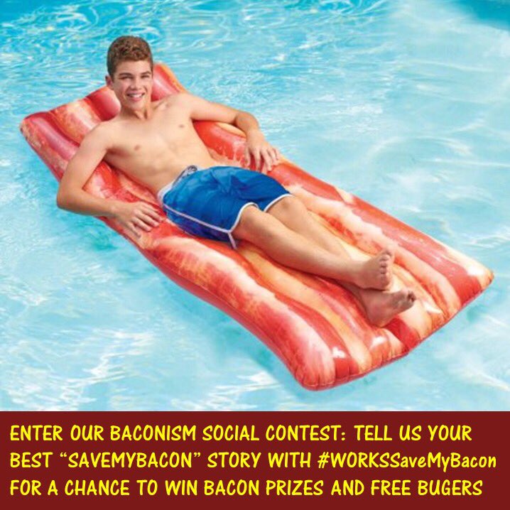 WORKSBURGER's tweet image. Want to win this #bacon #floaty AND a free #burger?! Retweet this and tell us how we can save your bacon with #WorksSaveMyBacon for your chance to win!!  *ontario only