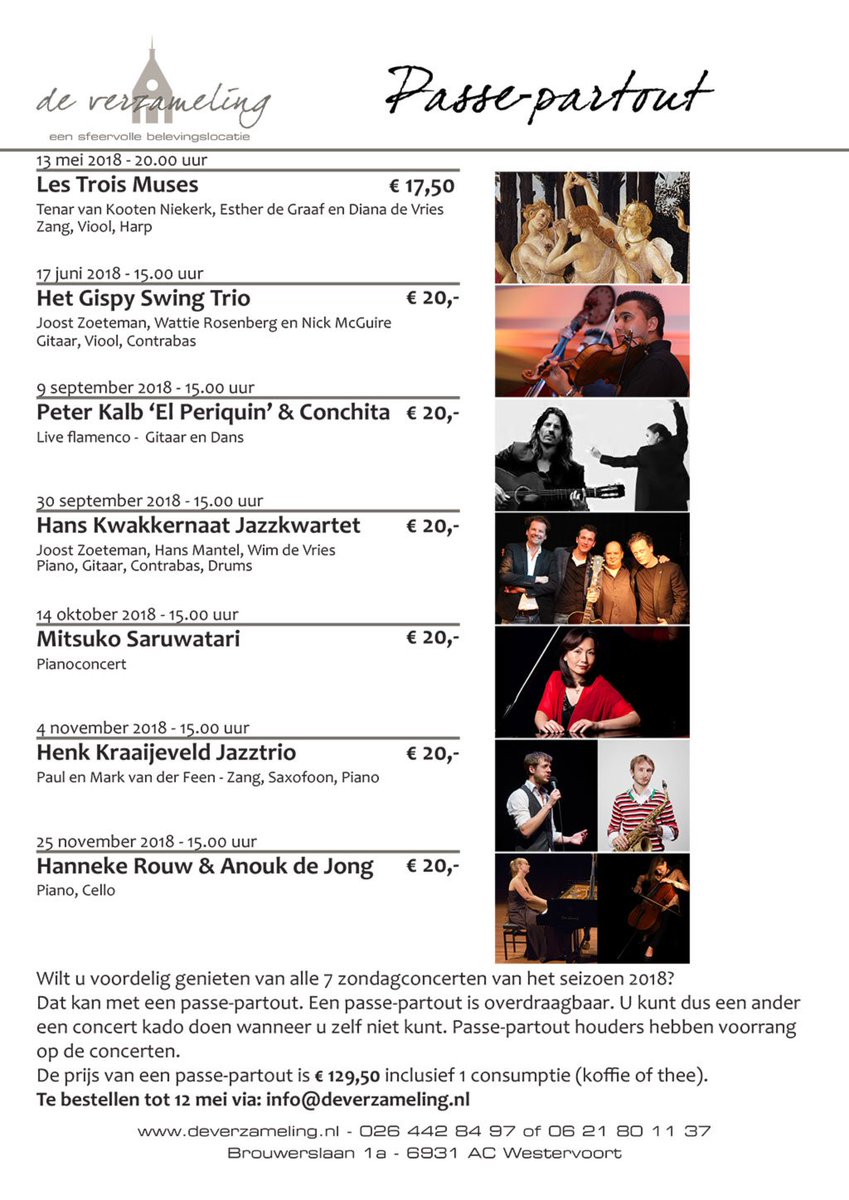 Tot zondag 13 mei laatste kans om de passe-partout voor 7 concerten in 2018 te bestellen. 
deverzameling.nl/evenementen-li…
