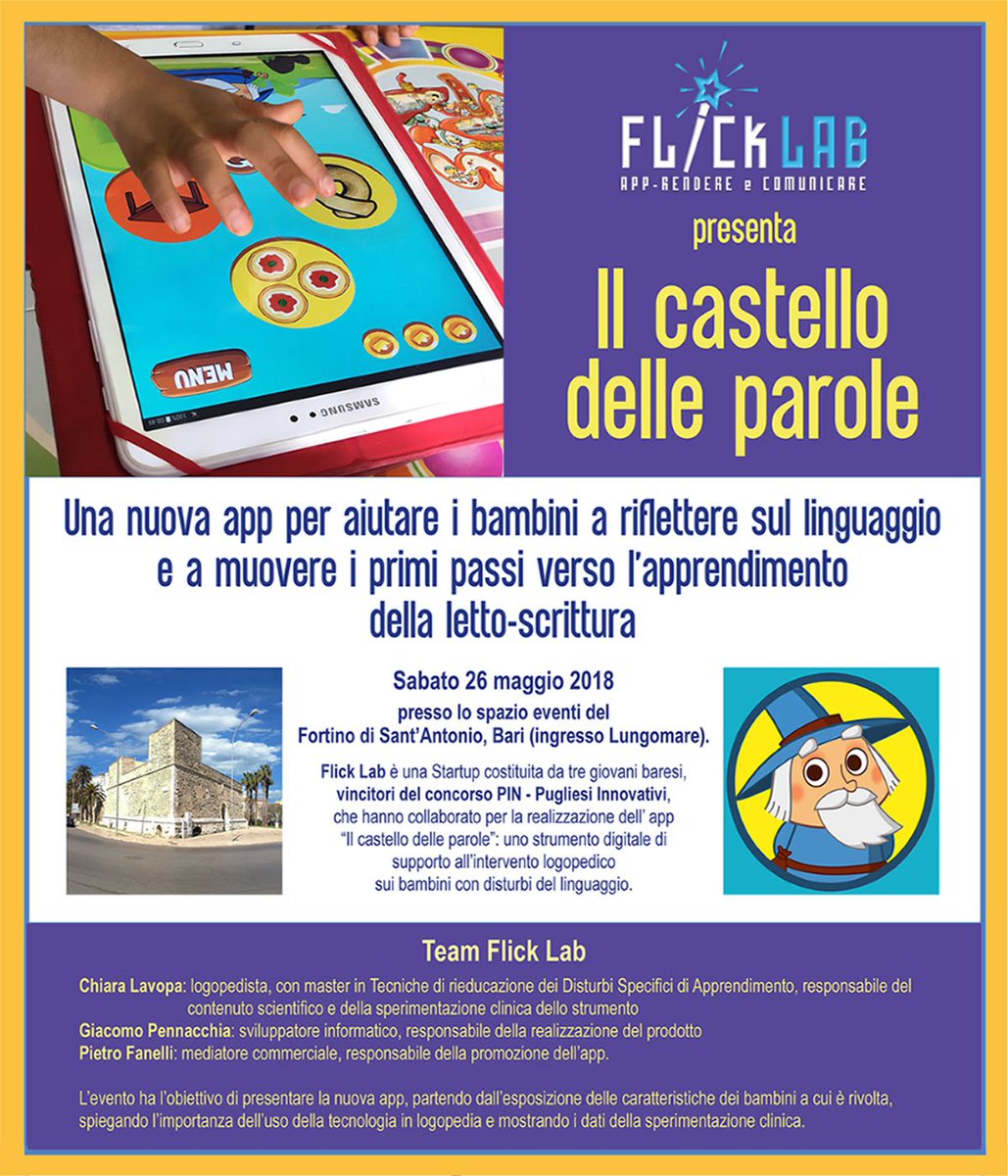 FlickLabSrl's tweet image. Sabato 26 maggio al Fortino Sant'antonio Bari Vecchia.

Iscrivetevi sul nostro sito web flicklab.it (posti limitati) 

Evento: 
facebook.com/events/6021340…

#pingiovani #tecnologia #logopedia #bambini #app #ilcastellodelleparole #bari #linguaggio