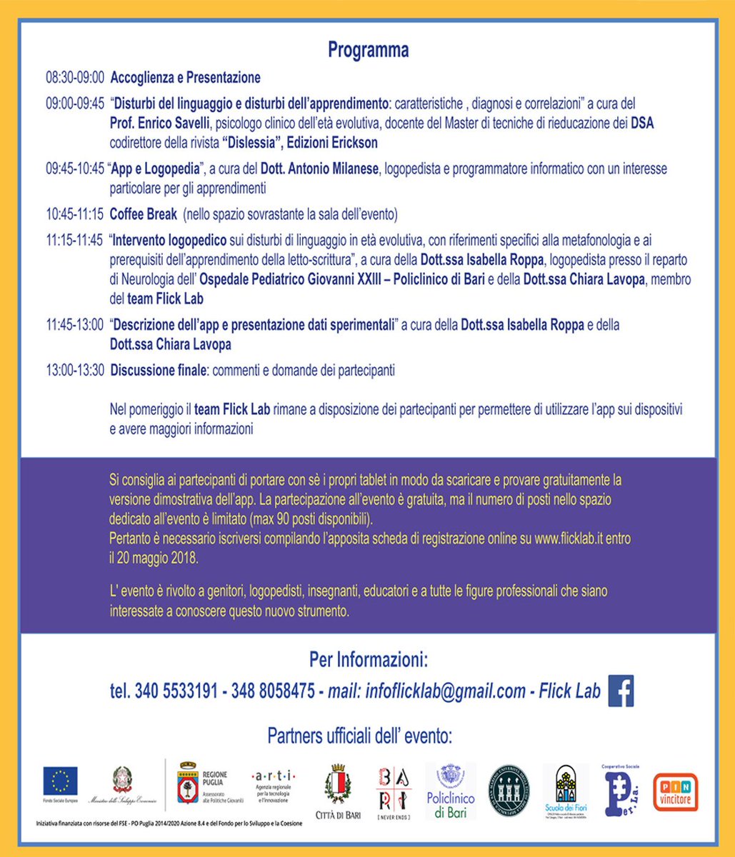 FlickLabSrl's tweet image. Sabato 26 maggio al Fortino Sant'antonio Bari Vecchia.

Iscrivetevi sul nostro sito web flicklab.it (posti limitati) 

Evento: 
facebook.com/events/6021340…

#pingiovani #tecnologia #logopedia #bambini #app #ilcastellodelleparole #bari #linguaggio