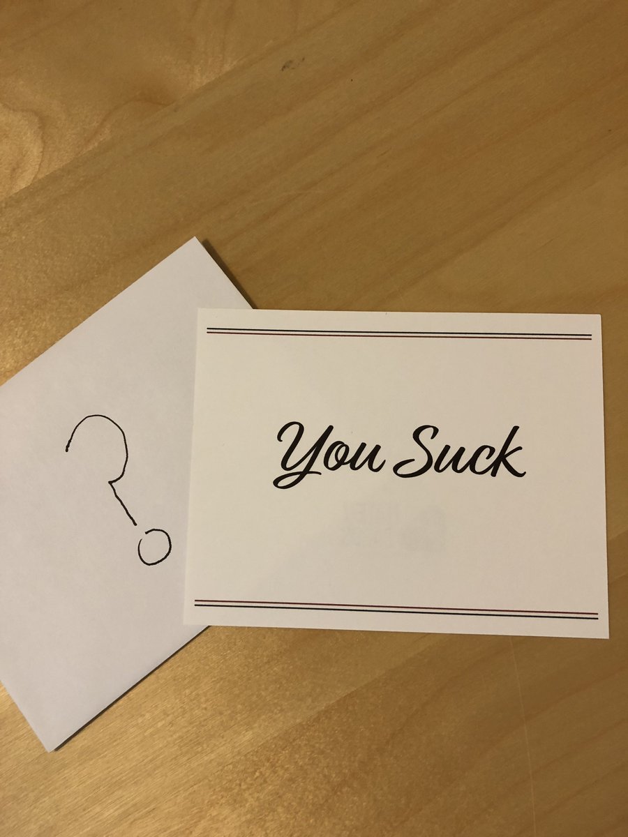HateUCards's tweet photo. Time to break the news. Anonymous delivery and free shipping available. #yousuck https://t.co/cxOFh6EOJg