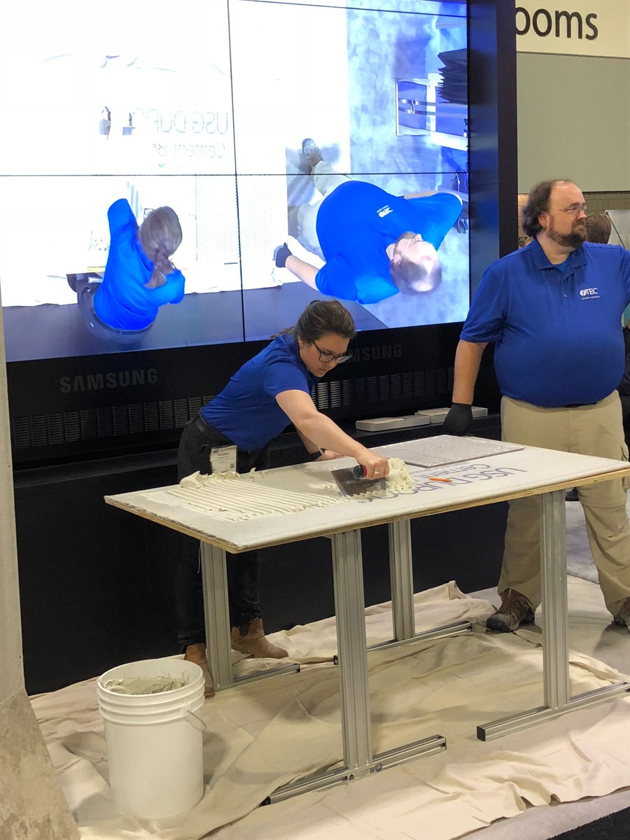 InstallwithTEC's tweet photo. Heather Ruhl &amp; Ron Sheldon from TEC® demo Ultimate 6 Plus Mortar and offer contractors tips for installing large heavy tiles! @Coverings #Coverings2018 #WhyTile https://t.co/i58FThqnG0
