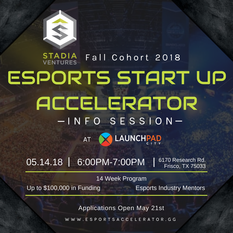 launchpadcity's tweet photo. Save the Date, Monday May 14th - LaunchPad City will be hosting the @stadiaventures team as they discuss the upcoming Esports Track for their Sports #tech &amp; #business Accelerator. Please RSVP online here: https://t.co/gQLQlUOGgX Be ready to get all your questions! 🚀#funding #DFW https://t.co/T1dm9fA7Hr